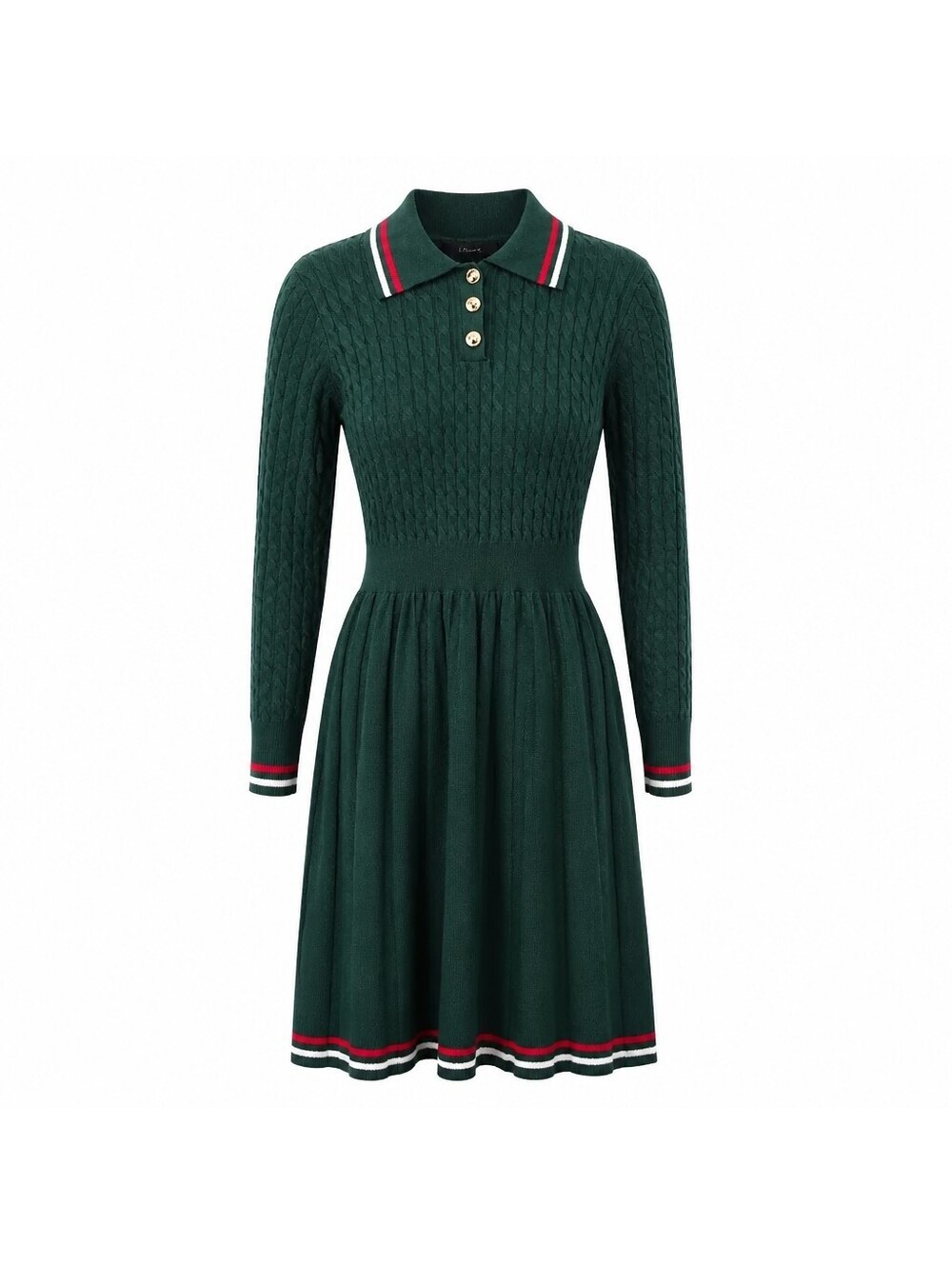 Zesica Green Cable Knit Polo Dress with Striped Accents
